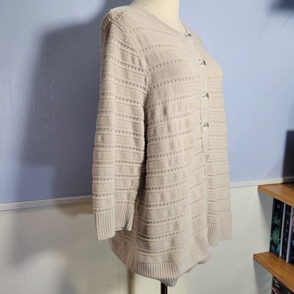 CJ Banks 1X Beige Crewneck Quarter Sleeve Clear Gem Button Up Knit Cardigan - Picture 6 of 12